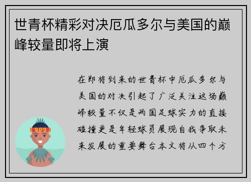 世青杯精彩对决厄瓜多尔与美国的巅峰较量即将上演